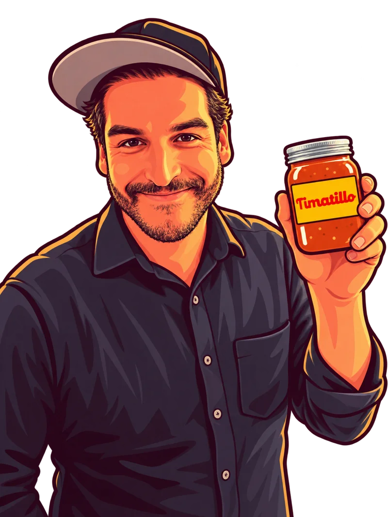 Illustration of the maker in a cap, holding up a jar of Timatillo salsa